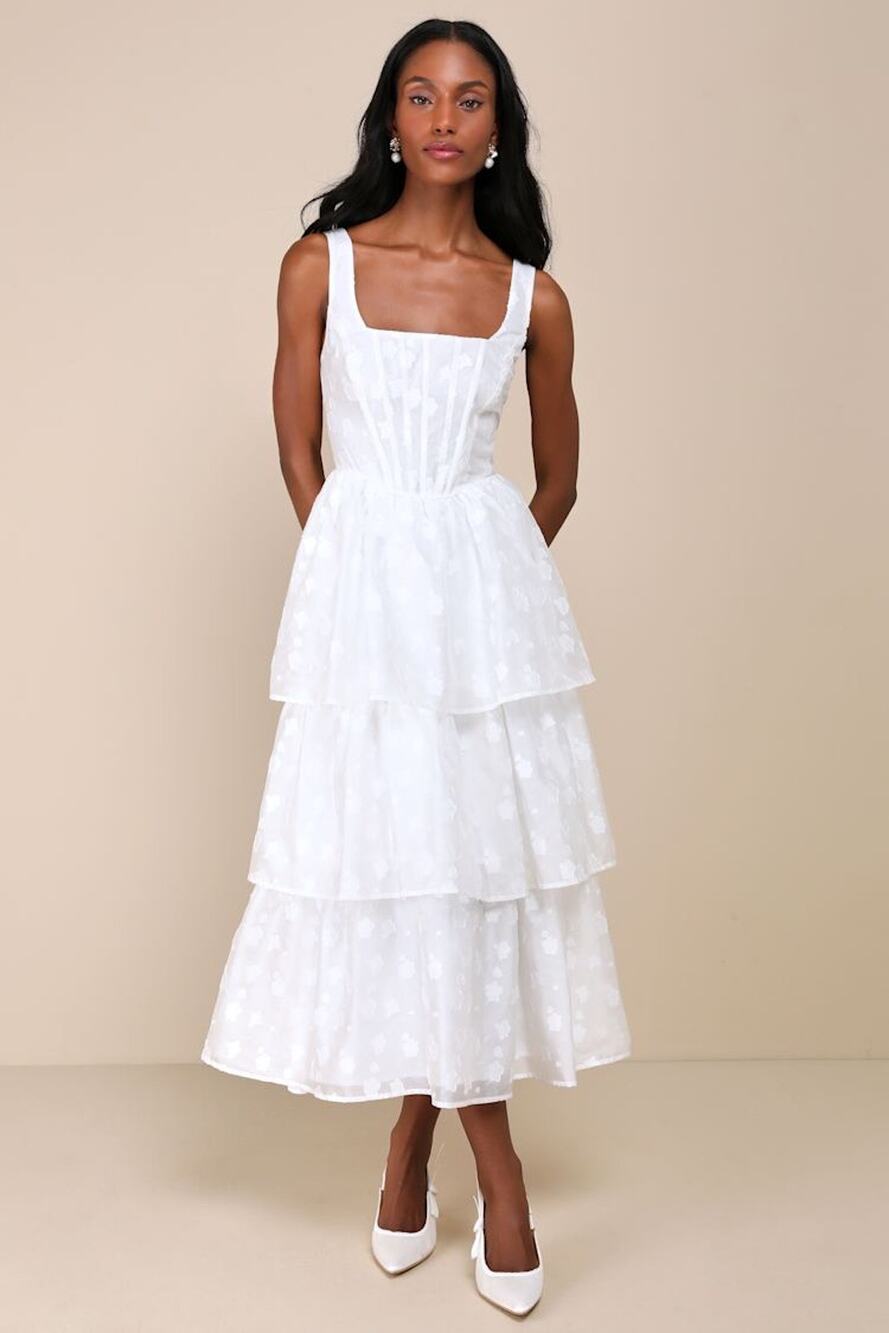 NWT Lulus Sweet Potential White Floral Burnout Tiered Midi Dress Bride Size S